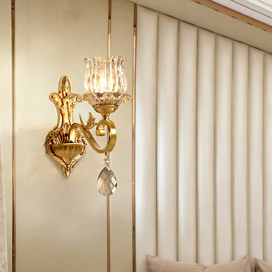 Rynx | 1 Light Flower Wall Lighting Ideas Traditional golden finish crystal wall lamp with curved arm