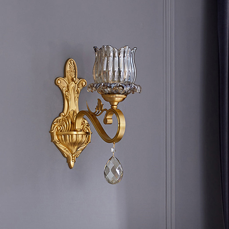 Rynx | 1 Light Flower Wall Lighting Ideas Traditional golden finish crystal wall lamp with curved arm