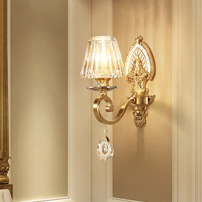 Rynx | 1-Bulb Wall Mounted Lighting Country Style Cone Facet Crystal Wall Lamp Fixture in Gold with Swivel Arm