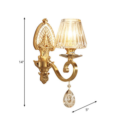 Rynx | 1-Bulb Wall Mounted Lighting Country Style Cone Facet Crystal Wall Lamp Fixture in Gold with Swivel Arm