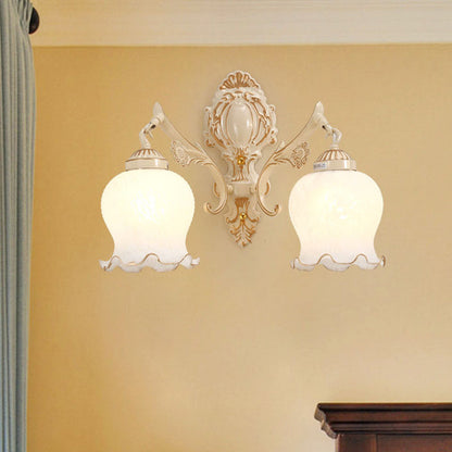 Rynx | 1/2-Bulb Flower Wall Lamp Fixture Traditional White Glass Wall Lamp Lighting for Living Room