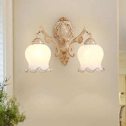Rynx | 1/2-Bulb Flower Wall Lamp Fixture Traditional White Glass Wall Lamp Lighting for Living Room