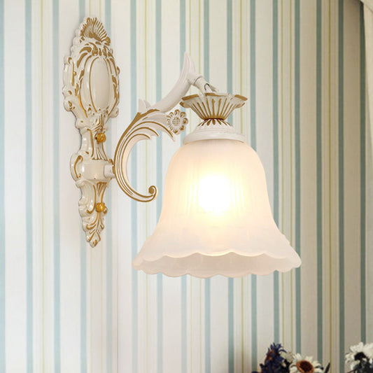 Rynx | Traditional Bell Wall Lamp 1/2-Bulb White Glass Wall Lighting Fixture with Carved Arm for Bedroom
