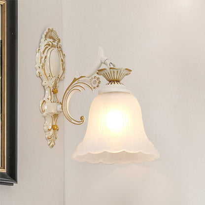 Rynx | Traditional Bell Wall Lamp 1/2-Bulb White Glass Wall Lighting Fixture with Carved Arm for Bedroom