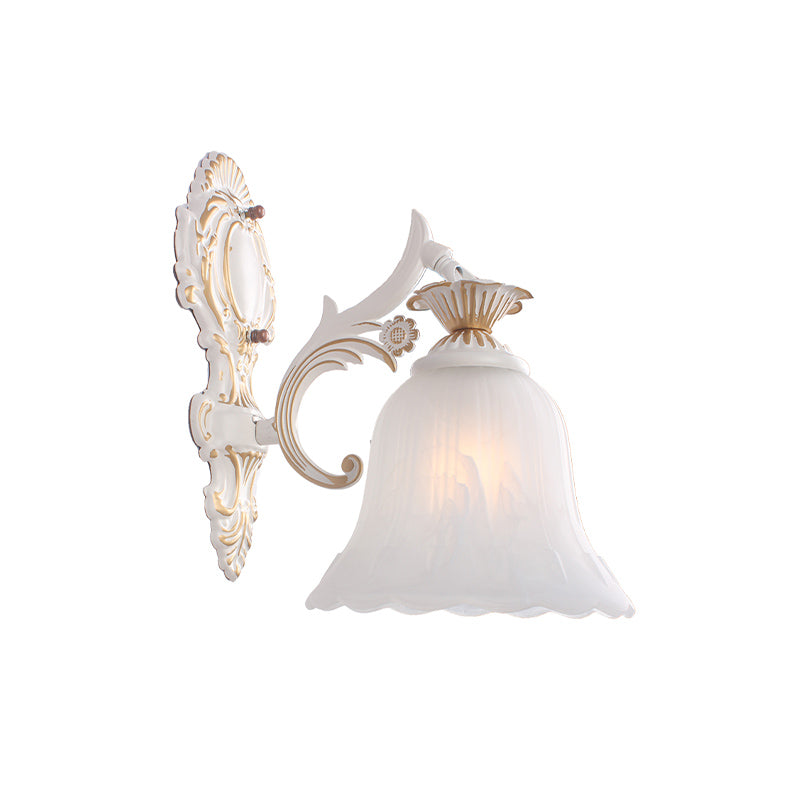 Rynx | Traditional Bell Wall Lamp 1/2-Bulb White Glass Wall Lighting Fixture with Carved Arm for Bedroom