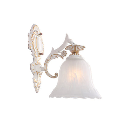 Rynx | Traditional Bell Wall Lamp 1/2-Bulb White Glass Wall Lighting Fixture with Carved Arm for Bedroom