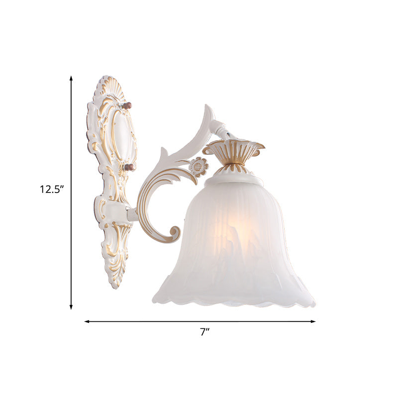 Rynx | Traditional Bell Wall Lamp 1/2-Bulb White Glass Wall Lighting Fixture with Carved Arm for Bedroom