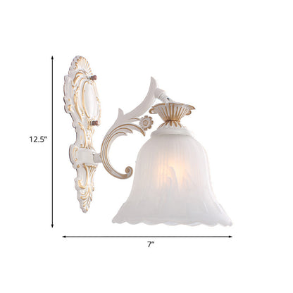 Rynx | Traditional Bell Wall Lamp 1/2-Bulb White Glass Wall Lighting Fixture with Carved Arm for Bedroom