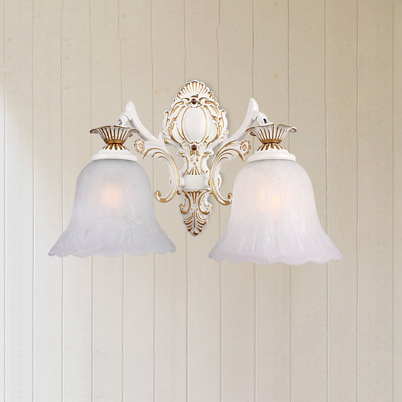 Rynx | Traditional Bell Wall Lamp 1/2-Bulb White Glass Wall Lighting Fixture with Carved Arm for Bedroom