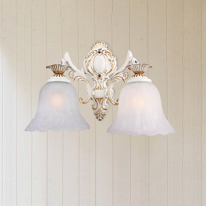 Rynx | Traditional Bell Wall Lamp 1/2-Bulb White Glass Wall Lighting Fixture with Carved Arm for Bedroom