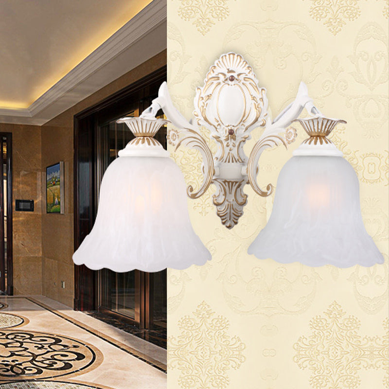 Rynx | Traditional Bell Wall Lamp 1/2-Bulb White Glass Wall Lighting Fixture with Carved Arm for Bedroom
