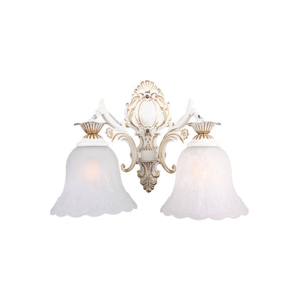 Rynx | Traditional Bell Wall Lamp 1/2-Bulb White Glass Wall Lighting Fixture with Carved Arm for Bedroom