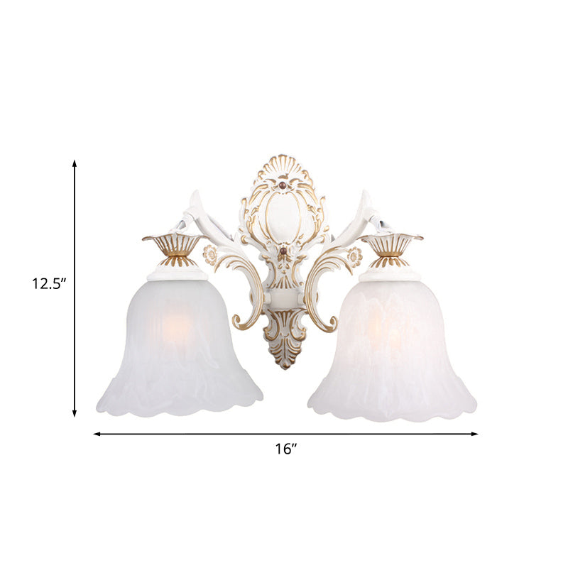 Rynx | Traditional Bell Wall Lamp 1/2-Bulb White Glass Wall Lighting Fixture with Carved Arm for Bedroom