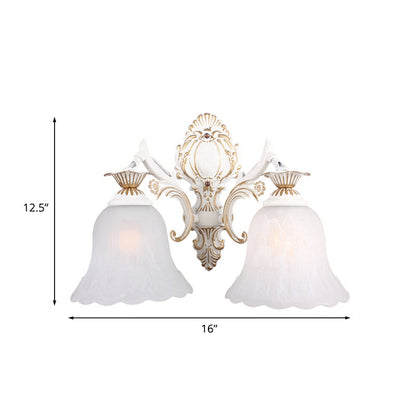 Rynx | Traditional Bell Wall Lamp 1/2-Bulb White Glass Wall Lighting Fixture with Carved Arm for Bedroom