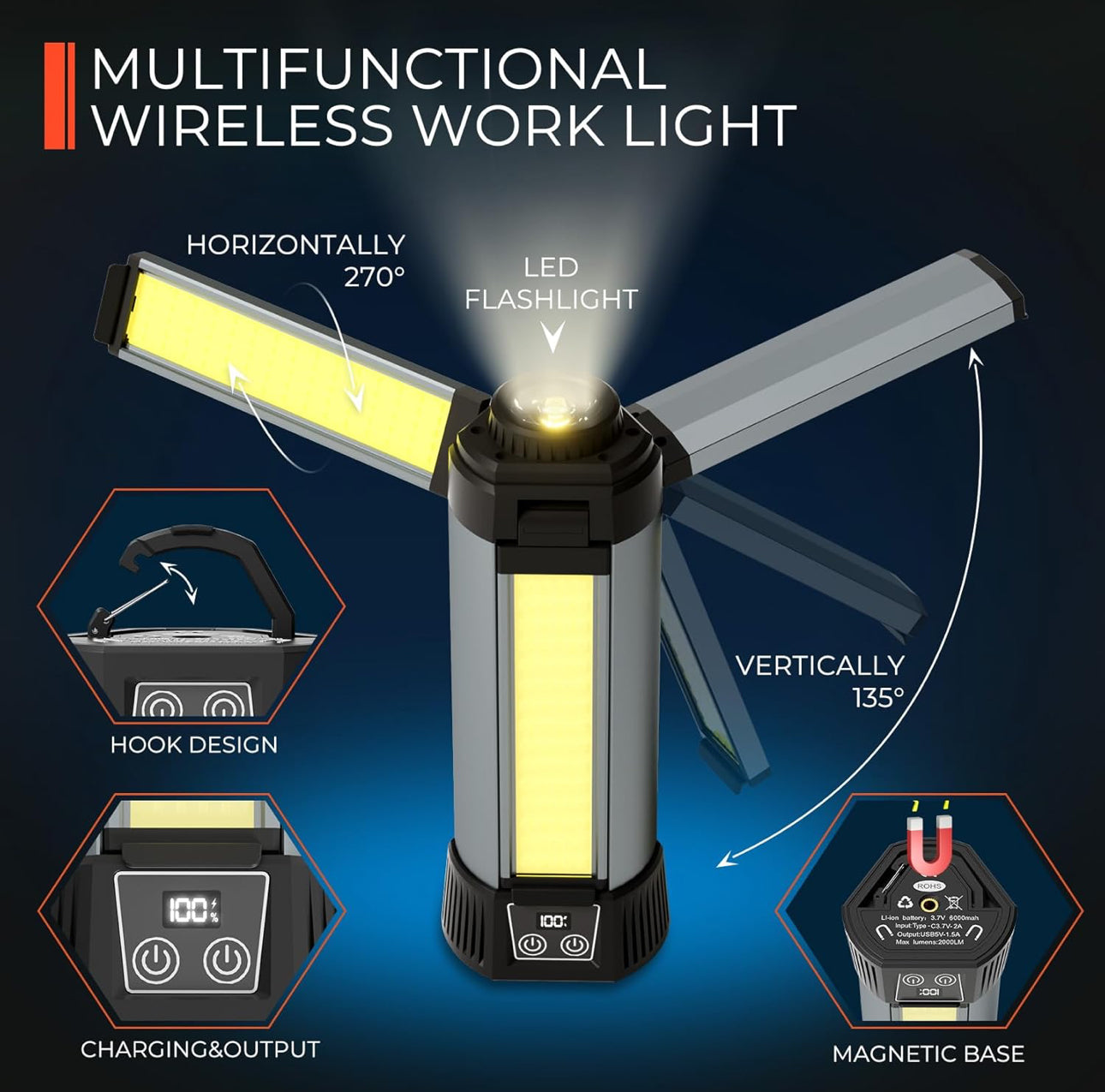 Rynx | Rechargeable LED work light with stand - Wireless dimmable camping light with detachable tripod, hook, and carry bag
