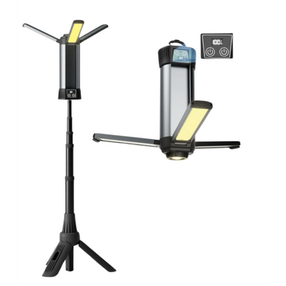 Rynx | Rechargeable LED work light with stand - Wireless dimmable camping light with detachable tripod, hook, and carry bag