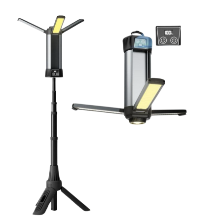 Rynx | Rechargeable LED work light with stand - Wireless dimmable camping light with detachable tripod, hook, and carry bag