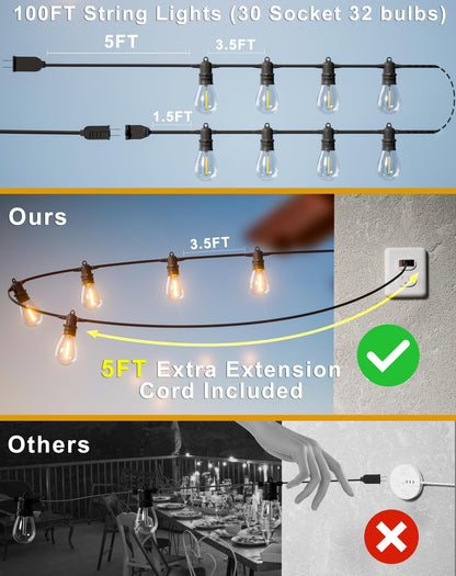 Rynx | Jerritte 100Ft Led Outdoor Light Chains, 30 Shatterproof Bulbs, Ip65 Waterproof, Dimmable