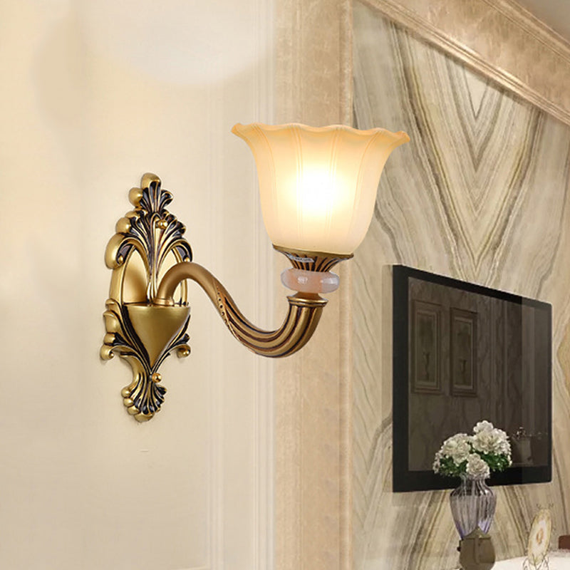 Rynx | 1/2-Head Wall Lamp Traditional Flower Shape Opal Glass Top Wall Mount Light Fixture in Brass