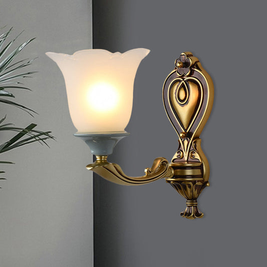 Rynx | 1/2-Head Wall Lamp Traditional Flower Shape Opal Glass Top Wall Mount Light Fixture in Brass