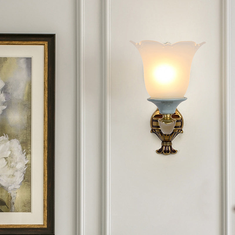 Rynx | 1/2-Head Wall Lamp Traditional Flower Shape Opal Glass Top Wall Mount Light Fixture in Brass