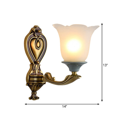 Rynx | 1/2-Head Wall Lamp Traditional Flower Shape Opal Glass Top Wall Mount Light Fixture in Brass