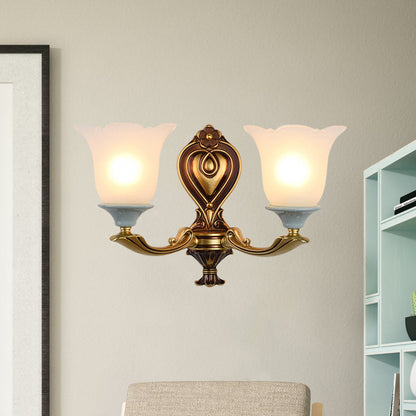 Rynx | 1/2-Head Wall Lamp Traditional Flower Shape Opal Glass Top Wall Mount Light Fixture in Brass