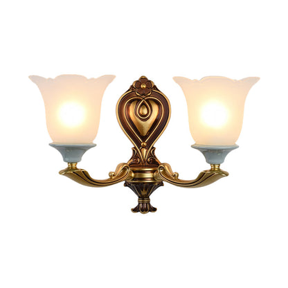 Rynx | 1/2-Head Wall Lamp Traditional Flower Shape Opal Glass Top Wall Mount Light Fixture in Brass