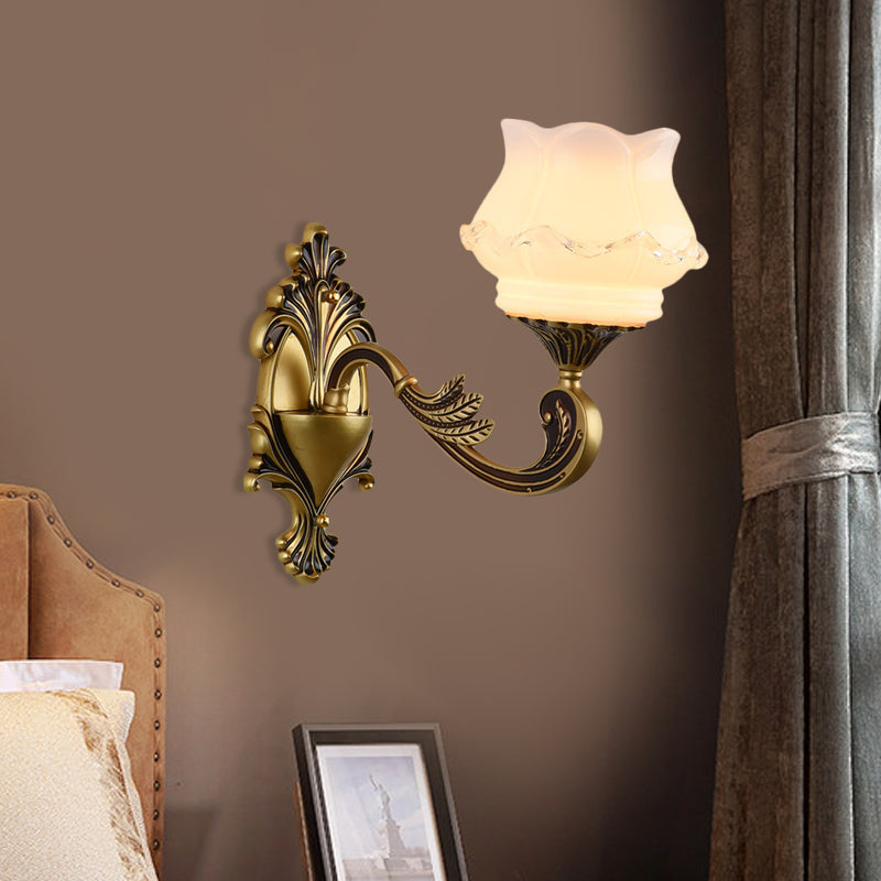 Rynx | Vintage Curved Arm Wall Lighting Idea 1/2-Ball Metal Wall Lamp in Brass with Floral Milk Glass Shade