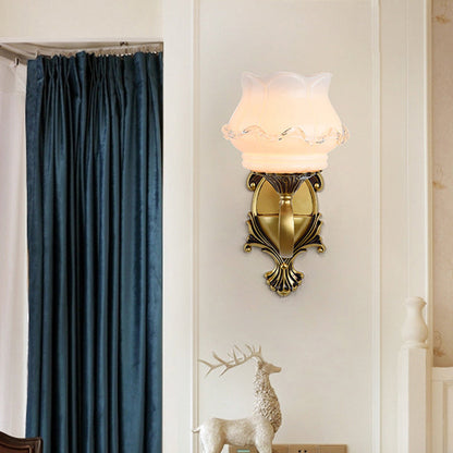 Rynx | Vintage Curved Arm Wall Lighting Idea 1/2-Ball Metal Wall Lamp in Brass with Floral Milk Glass Shade