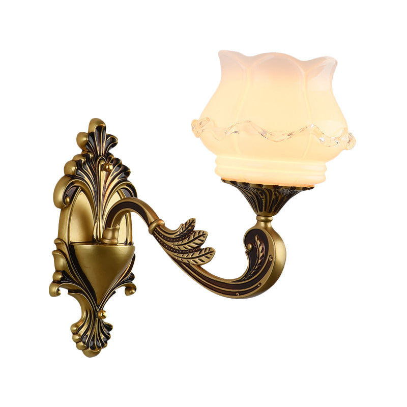 Rynx | Vintage Curved Arm Wall Lighting Idea 1/2-Ball Metal Wall Lamp in Brass with Floral Milk Glass Shade