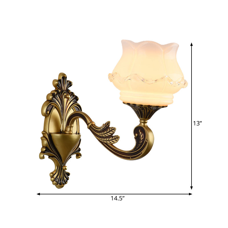Rynx | Vintage Curved Arm Wall Lighting Idea 1/2-Ball Metal Wall Lamp in Brass with Floral Milk Glass Shade