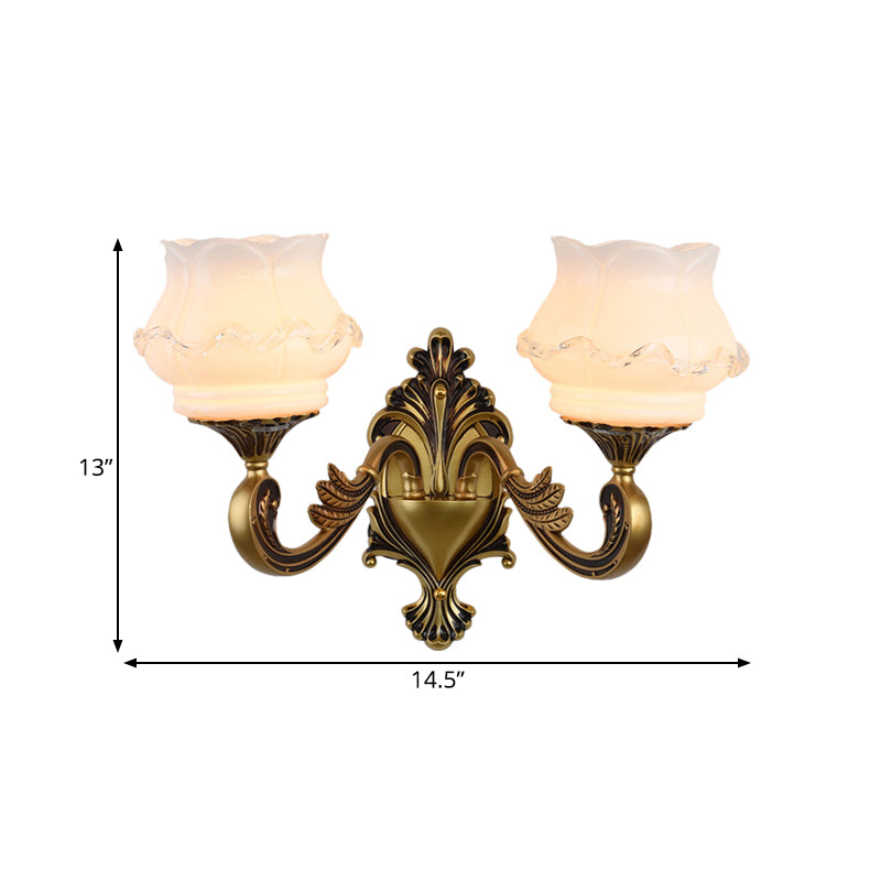 Rynx | Vintage Curved Arm Wall Lighting Idea 1/2-Ball Metal Wall Lamp in Brass with Floral Milk Glass Shade