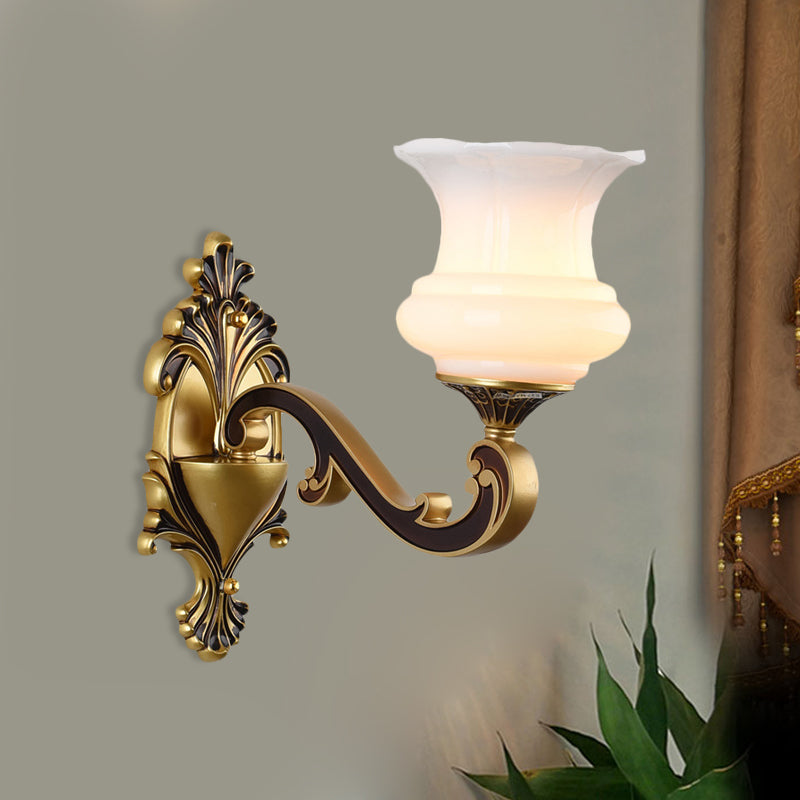 Rynx | Vintage Curved Arm Wall Lighting Idea 1/2-Ball Metal Wall Lamp in Brass with Floral Milk Glass Shade