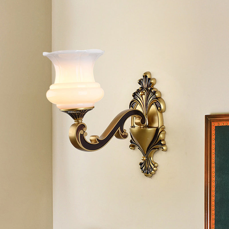 Rynx | Vintage Curved Arm Wall Lighting Idea 1/2-Ball Metal Wall Lamp in Brass with Floral Milk Glass Shade