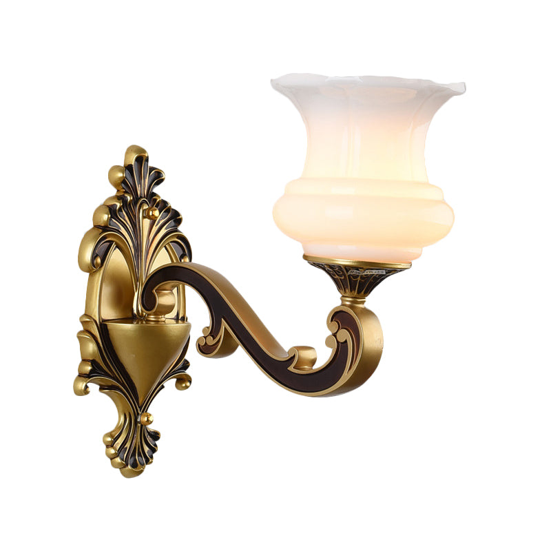 Rynx | Vintage Curved Arm Wall Lighting Idea 1/2-Ball Metal Wall Lamp in Brass with Floral Milk Glass Shade