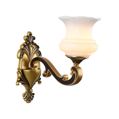 Rynx | Vintage Curved Arm Wall Lighting Idea 1/2-Ball Metal Wall Lamp in Brass with Floral Milk Glass Shade