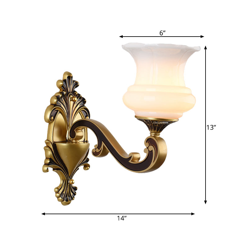 Rynx | Vintage Curved Arm Wall Lighting Idea 1/2-Ball Metal Wall Lamp in Brass with Floral Milk Glass Shade