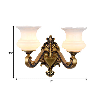 Rynx | Vintage Curved Arm Wall Lighting Idea 1/2-Ball Metal Wall Lamp in Brass with Floral Milk Glass Shade