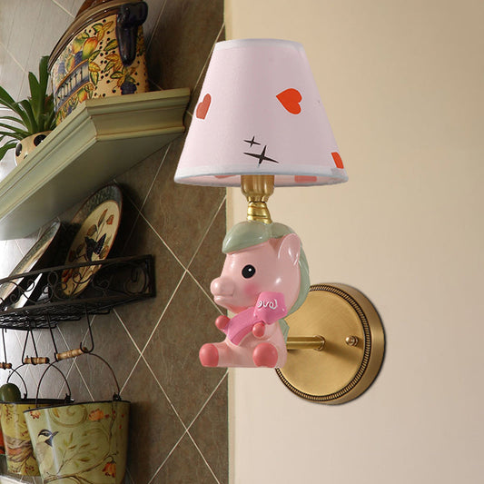 Rynx | Barrel Metal Wall Lamp Children Single Light Pink/Blue Wall Mounted Lighting with Cartoon Pony Base