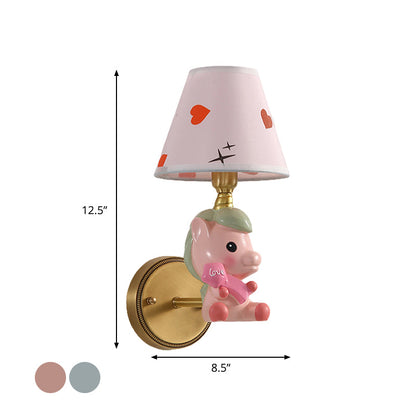 Rynx | Barrel Metal Wall Lamp Children Single Light Pink/Blue Wall Mounted Lighting with Cartoon Pony Base