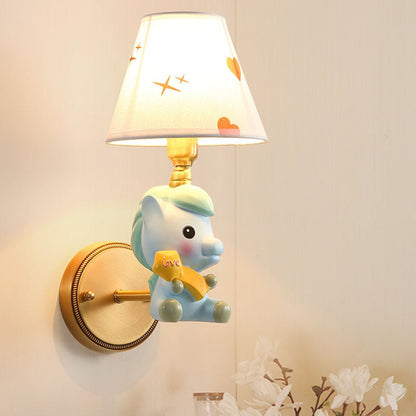 Rynx | Barrel Metal Wall Lamp Children Single Light Pink/Blue Wall Mounted Lighting with Cartoon Pony Base