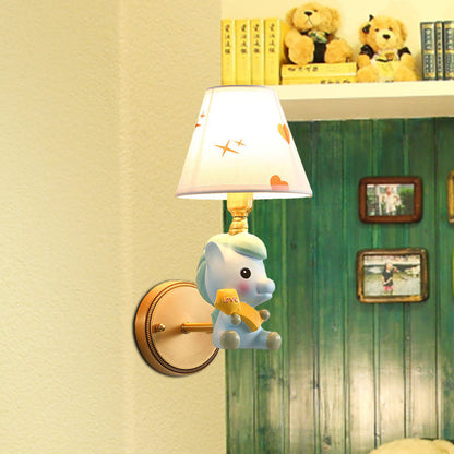 Rynx | Barrel Metal Wall Lamp Children Single Light Pink/Blue Wall Mounted Lighting with Cartoon Pony Base