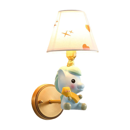 Rynx | Barrel Metal Wall Lamp Children Single Light Pink/Blue Wall Mounted Lighting with Cartoon Pony Base