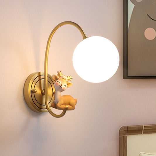 Rynx | Single Bulb Nightstand Wall Lamp Kids Gold Nightstand Lamp with Deer Decoration and Opal Glass Shade