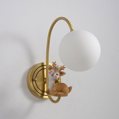 Rynx | Single Bulb Nightstand Wall Lamp Kids Gold Nightstand Lamp with Deer Decoration and Opal Glass Shade
