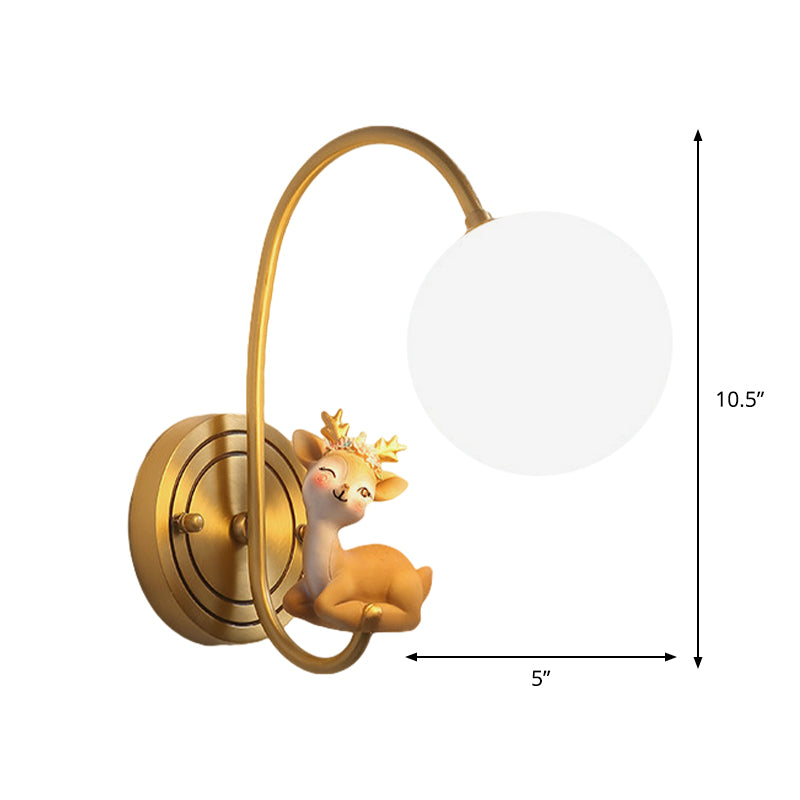 Rynx | Single Bulb Nightstand Wall Lamp Kids Gold Nightstand Lamp with Deer Decoration and Opal Glass Shade