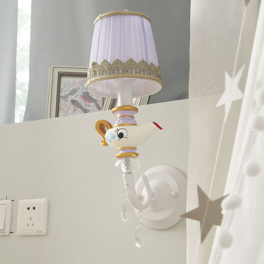 Rynx | 1 Head Indoor Wall Lighting Contemporary White-Gold Wall Lamp with Barrels Fabric Shade and Teapot Deco