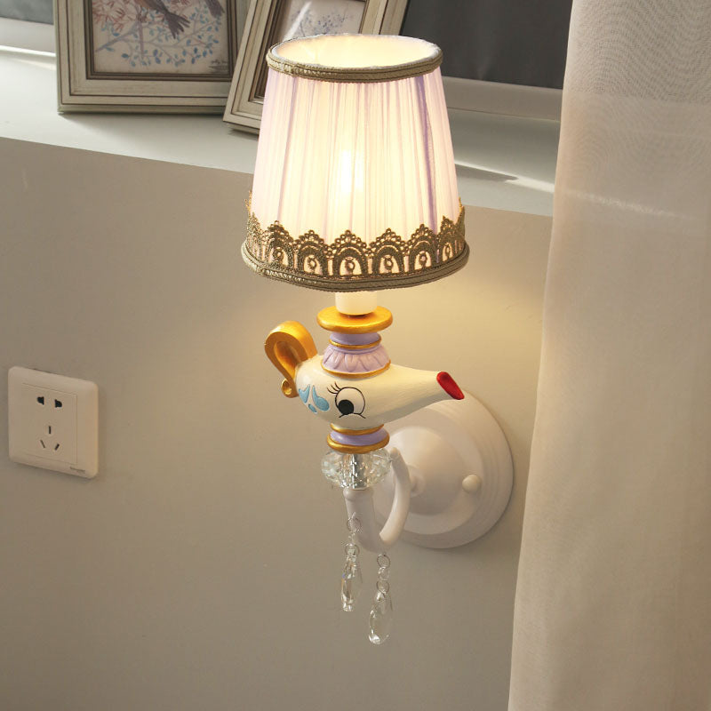 Rynx | 1 Head Indoor Wall Lighting Contemporary White-Gold Wall Lamp with Barrels Fabric Shade and Teapot Deco