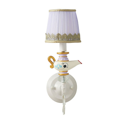 Rynx | 1 Head Indoor Wall Lighting Contemporary White-Gold Wall Lamp with Barrels Fabric Shade and Teapot Deco